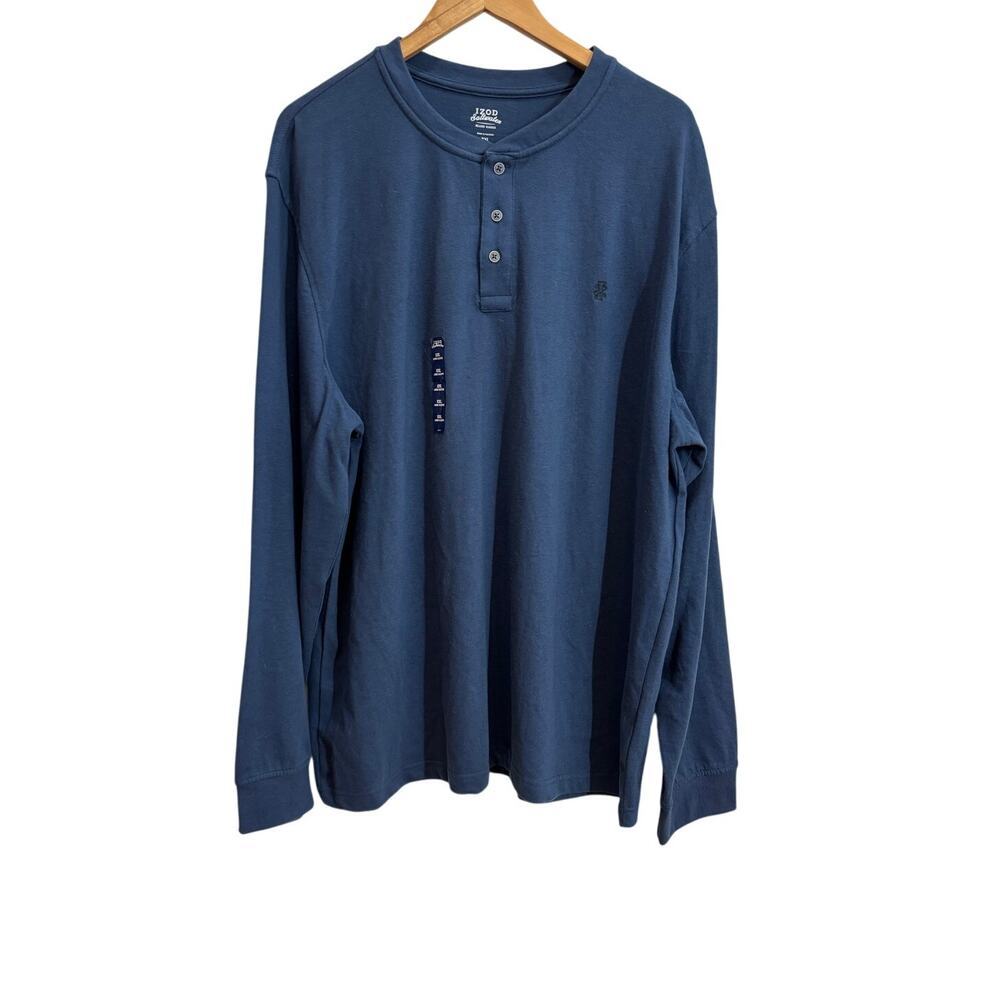NWT Izod Saltwater Men 2XL Blue Long Sleeve Mountain Henley Shirt Relaxed
